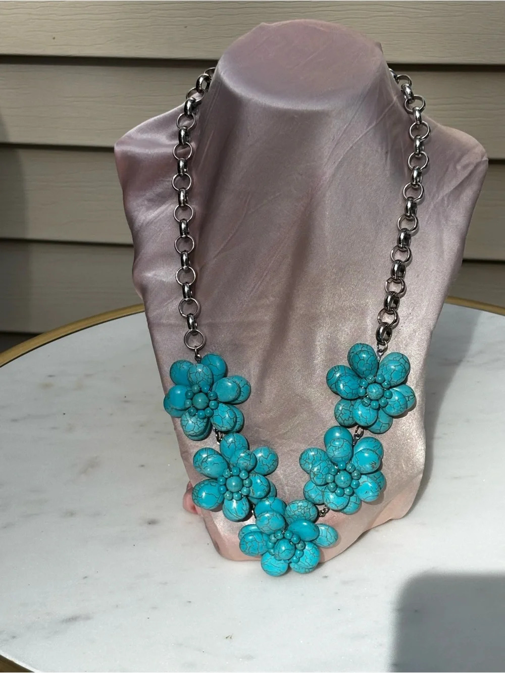 Paparazzi Turquoise Faux Stone Floral Statement Necklace Silver Chain - Picture 2 of 5